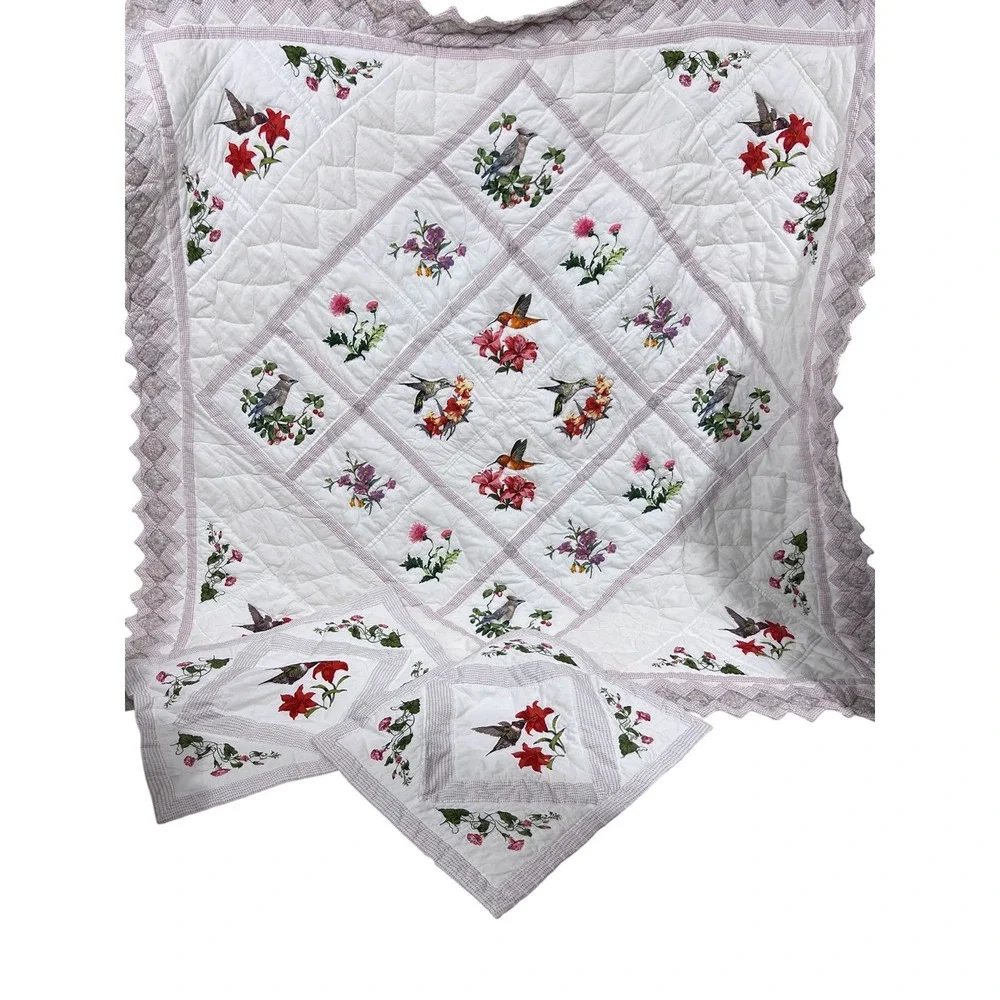 Vintage Hummingbird Floral Quilt Set Scalloped Edge 86x86 With 2 Shams